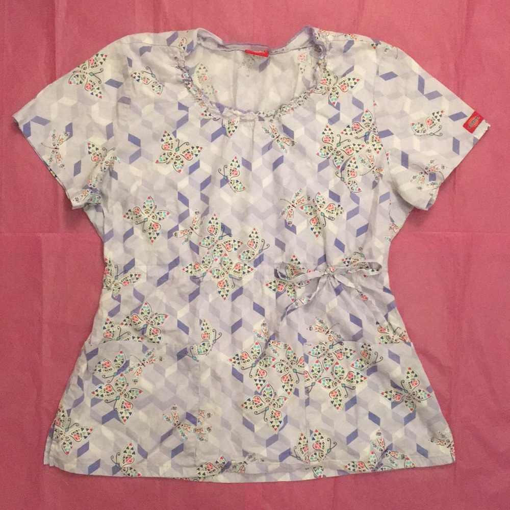 Dickies Geometric Hearts Butterflies Scrub Top Size Medium